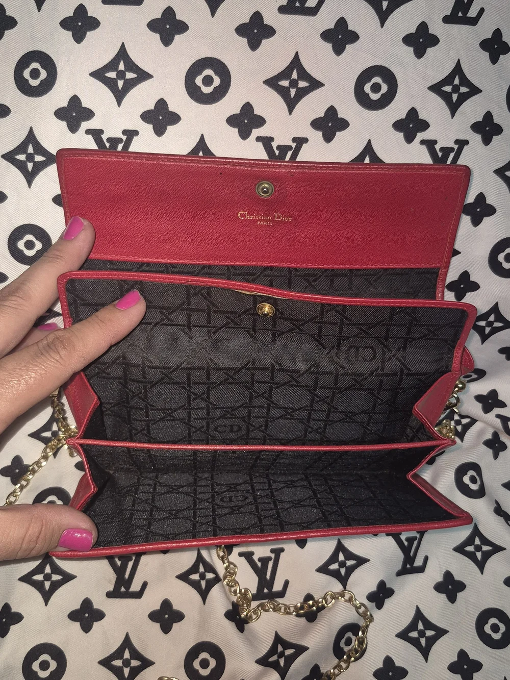 Vintage Authentic Dior Red Quilted Chain Wallet